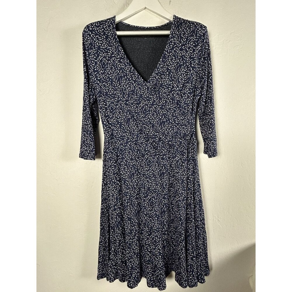 Garnet Hill Womens Brianna Surplice Knit Dress Large Navy 3/4 Sleeve Stretch